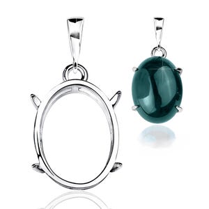 May include: Two silver pendant settings, one empty and one with a dark teal oval gemstone. The settings have a loop for a chain and four prongs to hold the stone. The gemstone has a polished, reflective surface.