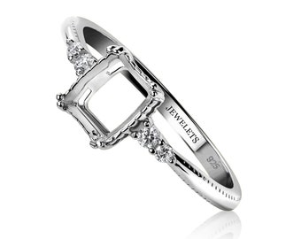 Silver 6x8 mm Ring Blank Rectangular for Faceted Stones – DIY Fine Jewelry Base | Rhodium Plated with Four CZ on the Side
