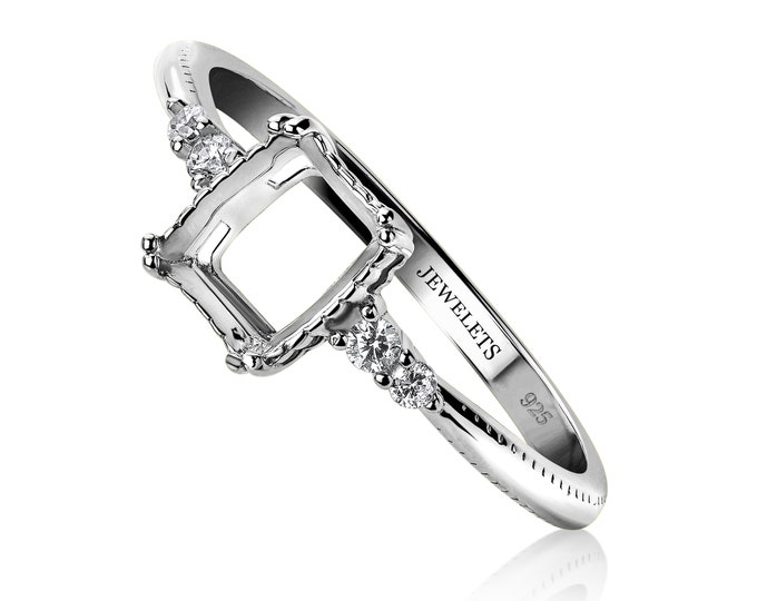 Silver 6x8 mm Ring Blank Rectangular for Faceted Stones – DIY Fine Jewelry Base | Rhodium Plated with Four CZ on the Side