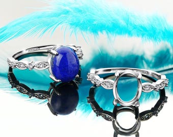 925 Silver Ring Blank with 8x10 mm Prong Setting – Rhodium-Plated Base with Ornate CZ Side Detail – DIY Gemstone Ring Mount