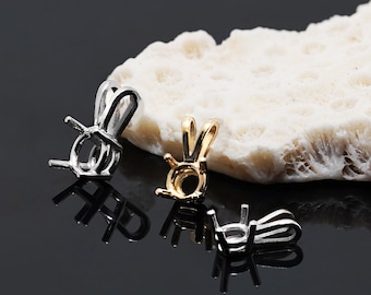 14K Yellow, White  Solid Gold Pendant Base, 4 Prongs for Diamonds and Faceted Round Stone from: 2.3mm - 6.8 mm, Gold Pendant Blank,