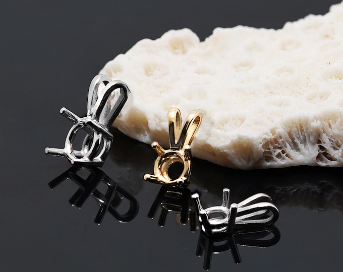 14K Yellow, White  Solid Gold Pendant Base, 4 Prongs for Diamonds and Faceted Round Stone from: 2.3mm - 6.8 mm, Gold Pendant Blank,