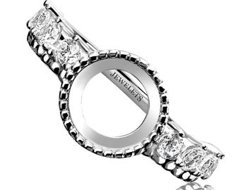 Solid Sterling Silver 8mm Bezel Ring Blank – Rhodium Plated with 8 CZ Side Stones – Cabochon Gemstone Ring Setting for DIY Jewelry
