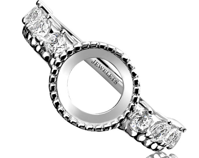 Solid Sterling Silver 8mm Bezel Ring Blank – Rhodium Plated with 8 CZ Side Stones – Cabochon Gemstone Ring Setting for DIY Jewelry