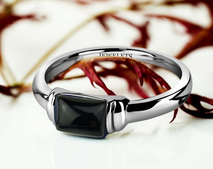 Sterling Silver Black Onyx Signet Ring - Modern Stackable Band