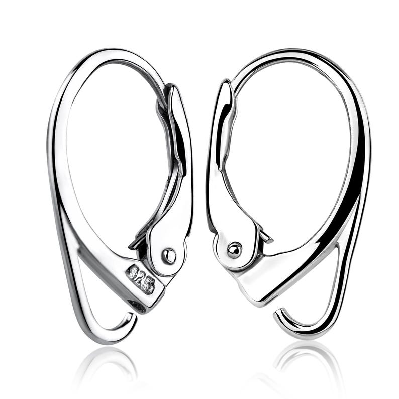 925 sterling silver leverback earring hooks with secure hinged closure. Hypoallergenic jewelry findings designed for earring repair, DIY jewelry making, and sensitive ears.