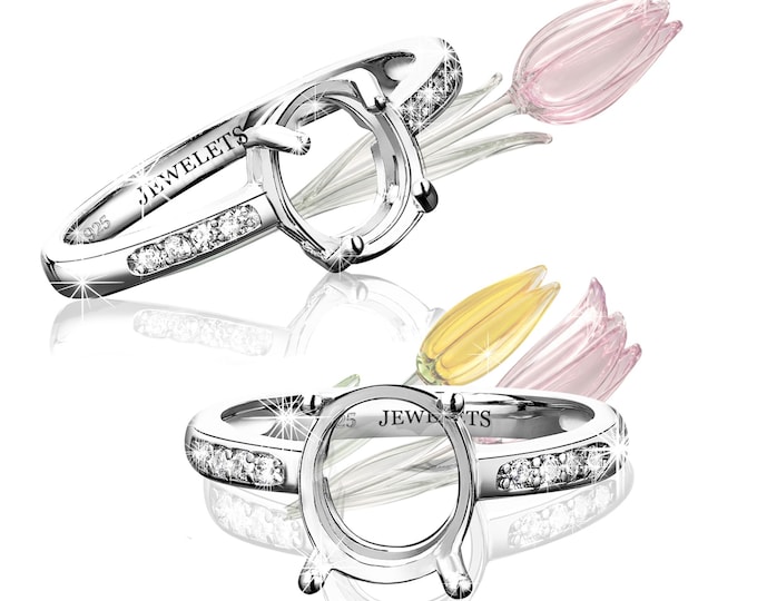 925 Sterling Silver 8x10 mm Oval Ring Blank – Prong Setting with 8 CZ Shank Accents – Rhodium Plated DIY Semi-Mount for Faceted Gemstones