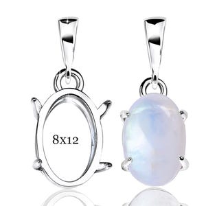 May include: Two silver pendant settings, one empty with "8x12" text, the other holding a polished, oval-shaped moonstone. The settings have a loop for a chain and four prongs to hold the stone. The moonstone has a pearly, iridescent sheen.
