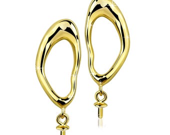 Gold Plated Organic Shape Earring Blanks – Abstract Oval Hoop Findings with Pearl Peg – Modern DIY Jewelry Making Components for Pearls