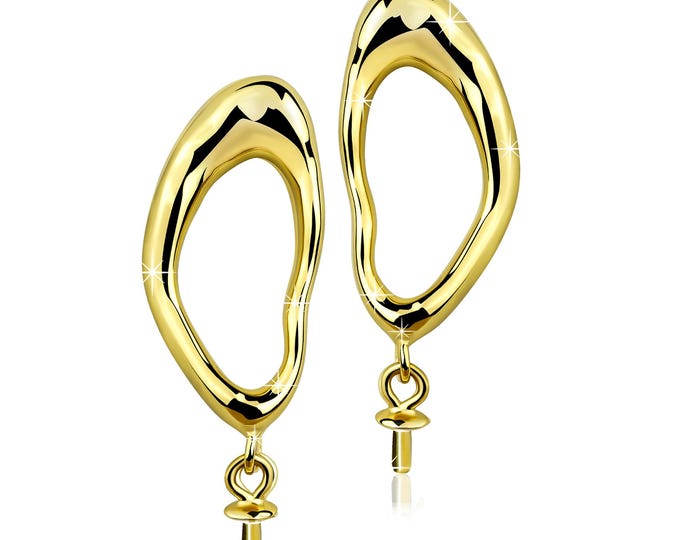 Gold Plated Organic Shape Earring Blanks – Abstract Oval Hoop Findings with Pearl Peg – Modern DIY Jewelry Making Components for Pearls