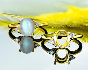 Sterling Silver Ring Blank – 8×10 mm Prong Setting with Ornate CZ Sides | Gold Plated DIY Fine Jewelry Mount for Gemstones & Cabochons