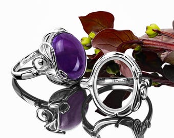 925 Silver Ring Blank Oval 12x16mm | Rhodium Plated Bezel with Leaf Design | Vintage Ring Base for DIY Gemstone or Cabochon Jewelry