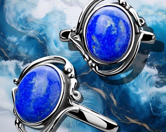 Lapis Lazuli Ring 925 Sterling Silver - Vintage Leaf Decoration, Oval Blue Gemstone 9x11 mm - Handmade Antique Style Jewelry For Women