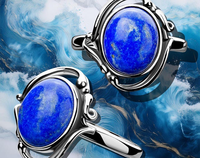 Lapis Lazuli Ring 925 Sterling Silver - Vintage Leaf Decoration, Oval Blue Gemstone 9x11 mm - Handmade Antique Style Jewelry For Women