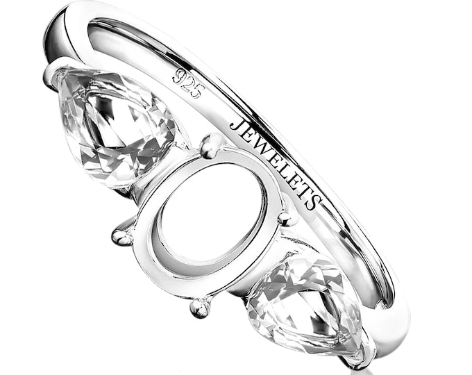 925 Sterling Silver 6x8 mm Oval Prong Setting Ring Blank – Two Pear Shape CZ Side Stones – DIY Mount for Faceted Gemstones