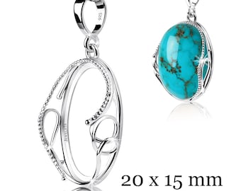 925 Sterling Silver 15x20 mm Pendant Blank – Oval Flexible Bezel Setting – Rhodium Plated Adjustable Frame for Natural Cabochons & Gemstones