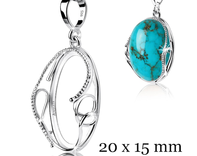 925 Sterling Silver 15x20 mm Pendant Blank – Oval Flexible Bezel Setting – Rhodium Plated Adjustable Frame for Natural Cabochons & Gemstones