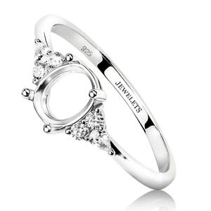 Sterling Silver Ring Blank 6x8mm with CZ Side Stones - Oval Prong Setting for Gemstone - DIY Jewelry Ring Base, Rhodium Plated