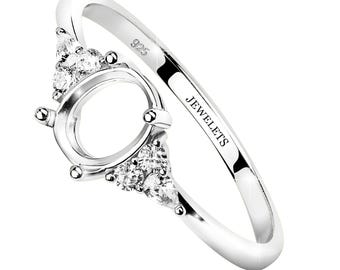 Sterling Silver Ring Blank with CZ Side Stones - 6x8mm Oval Prong Setting for Gemstone - Semi Mount DIY Jewelry Ring Base, Rhodium Plated