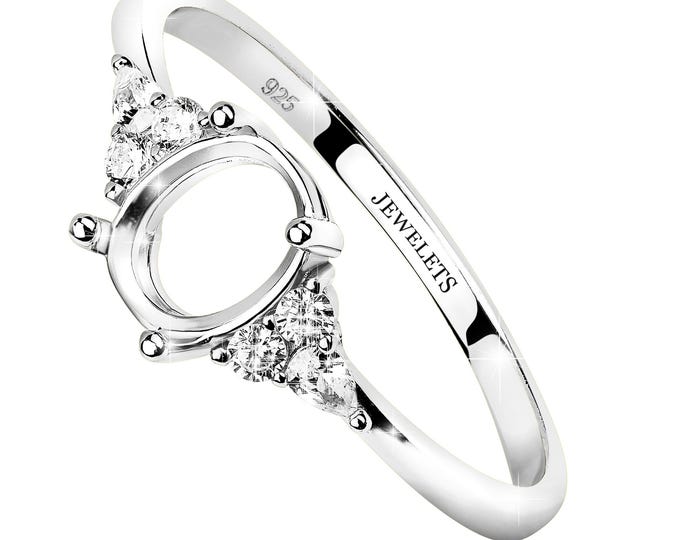 Sterling Silver Ring Blank with CZ Side Stones - 6x8mm Oval Prong Setting for Gemstone - Semi Mount DIY Jewelry Ring Base, Rhodium Plated