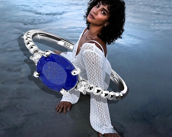 Lapis Lazuli Sterling Silver Ring – 6×8 mm Oval Blue Gemstone with Two CZ Side Stones | Beaded Band Fine Jewelry for Women