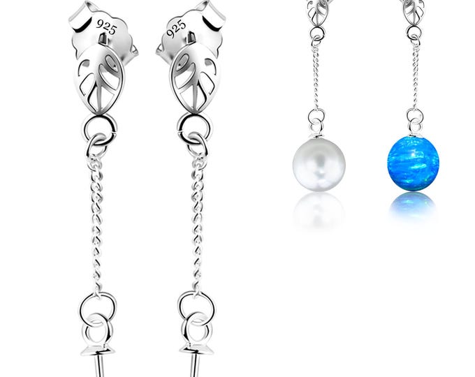 925 Sterling Silver Earring Pair Stud Findings with Hanging Chains – End Caps for Beads and Gemstone Dangles