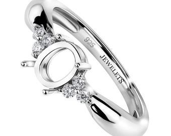 925 Silver Ring Blank, 6x8mm Oval Prong Setting | Rhodium Plated, CZ Accent Stones, DIY Ring Base for Cabochons