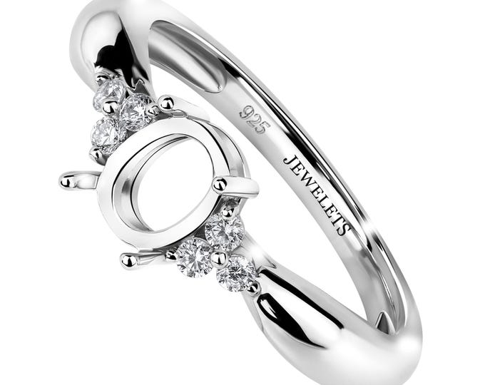 925 Silver Ring Blank, 6x8mm Oval Prong Setting | Rhodium Plated, CZ Accent Stones, DIY Ring Base for Cabochons & Faceted Gemstones