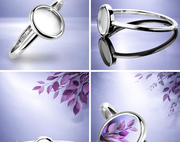 Bezel Cup 6x8 mm Ring Blank – Sterling Silver Oval  | Rhodium Plated Keepsake & Resin Art Jewelry Base | Minimalist Plain Style