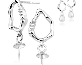 925 Sterling Silver Chunky Earring Blanks – Dangle Pearl Peg – Rhodium Plated Earring Base for Half-Drilled Pearls, Beads