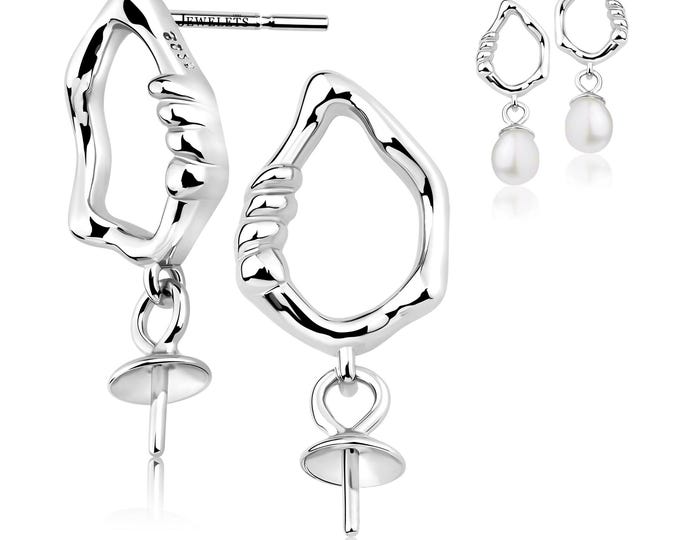 925 Sterling Silver Chunky Earring Blanks – Dangle Pearl Peg – Rhodium Plated Earring Base for Half-Drilled Pearls, Beads