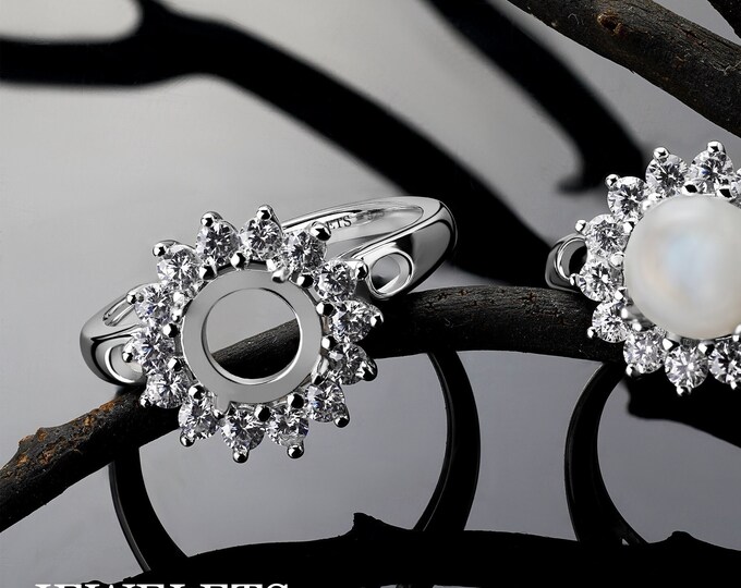 Silver Ring Blank 8mm Halo Cubic Zirconia White DIY Jewelry
