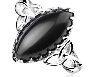 Black Onyx Ring – 925 Sterling Silver Marquise Celtic Knot Design – Rhodium Plated Handmade Fine Jewelry for Women