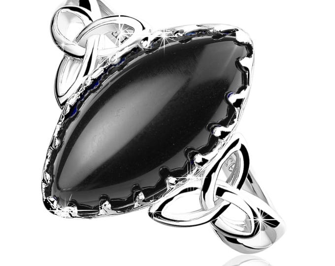 Black Onyx Ring – 925 Sterling Silver Marquise Celtic Knot Design – Rhodium Plated Handmade Fine Jewelry for Women