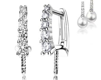 925 Sterling Silver Leverback Earrings with Pearl Peg – 8 CZ Stones per Pair – Rhodium Plated Earring for Half-Drilled Pearls, Beads