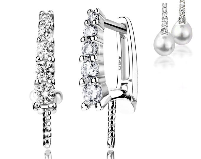 925 Sterling Silver Leverback Earrings with Pearl Peg – 8 CZ Stones per Pair – Rhodium Plated Earring for Half-Drilled Pearls, Beads