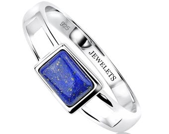 925 Silver Ring with Lapis Lazuli 5x7mm – Rhodium Plated Rectangular Bezel | Minimalist Signet Style | Modern Gemstone Statement Ring