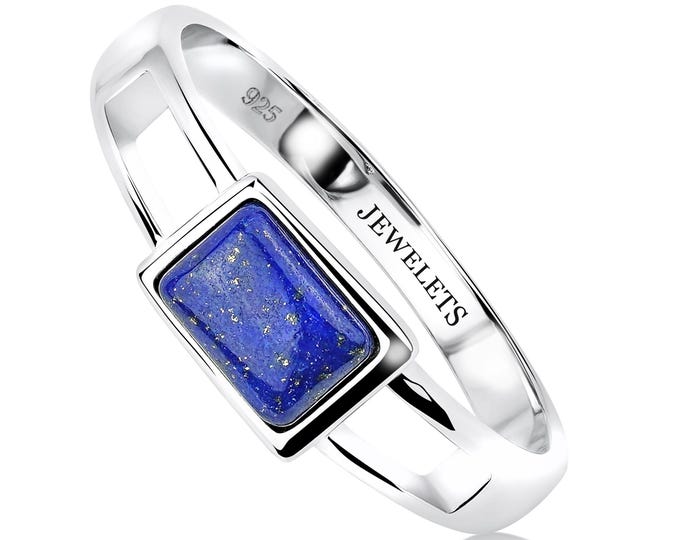 925 Silver Ring with Lapis Lazuli 5x7mm – Rhodium Plated Rectangular Bezel | Minimalist Signet Style | Modern Gemstone Statement Ring