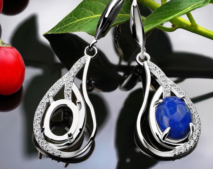 Silver Dangle Earrings Blank – 1 Pair – 9x7mm Bezel Setting for Oval Stones – 48 Cubic Zirconia Accents – Rhodium Plated– DIY Jewelry Making