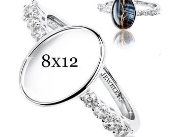 Bezel Cup Sterling Silver 8x12 mm Ring Blank – 8 CZ Side Stones | Rhodium Plated Cabochon Ring for Women