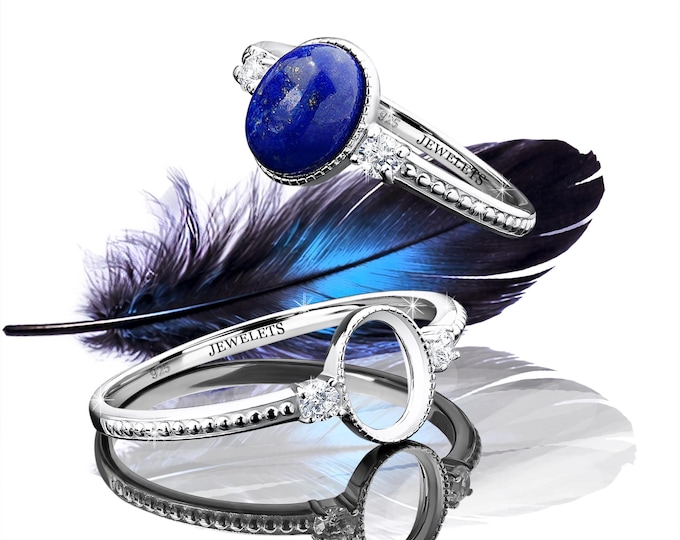 925 Sterling Silver 6x8 mm Oval Ring Blank – Bezel Setting with 2 CZ Side Stones Beaded Shank – Rhodium Plated Cabochon, Resin Keepsake Base