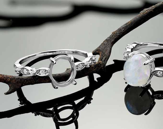 Silver Ring Blank with 8x10mm Prong Setting and Ornate CZ Sides, Rhodium-Plated