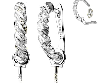 925 Sterling Silver Huggie Hoop Earrings Blank with Removable Pearl Pin Cup – Rhodium Plated CZ Creole Hoops for Pearls and Beads