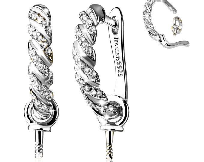 925 Sterling Silver Huggie Hoop Earrings Blank with Removable Pearl Pin Cup – Rhodium Plated CZ Creole Hoops for Pearls and Beads