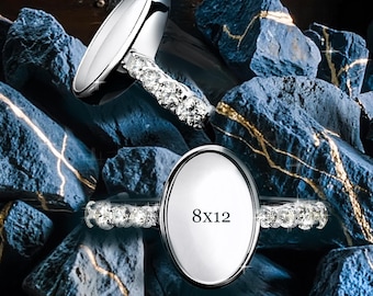 Bezel Cup Sterling Silver 8x12 mm Ring Blank – 8 CZ Side Stones | Rhodium Plated Cabochon Ring for Women