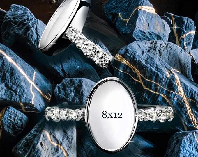 Bezel Cup Sterling Silver 8x12 mm Ring Blank – 8 CZ Side Stones | Rhodium Plated Cabochon Ring for Women