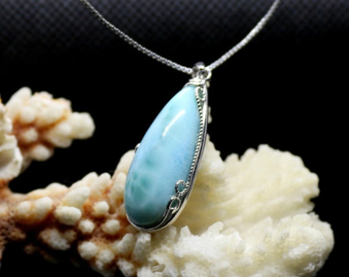 Larimar Pendant – 27x11mm Pear Shape Cabochon, Rhodium Plated Silver, Setting Natural Blue Larimar, Necklace Elegant Caribbean Gemstone