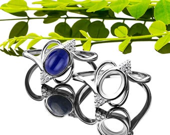925 Silver Ring Blank Oval 6x8mm – Rhodium Plated Bezel Ring Base with 6 CZ Side Stones | DIY Gemstone Cabochon Jewelry Setting