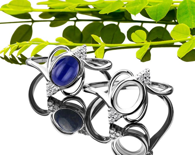 925 Silver Ring Blank Oval 6x8mm – Rhodium Plated Bezel Ring Base with 6 CZ Side Stones | DIY Gemstone Cabochon Jewelry Setting