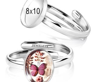 925 Sterling Silver 8x10mm Ring Blank – Oval Bezel Cup Adjustable Band – DIY Resin & Memory Jewelry Setting